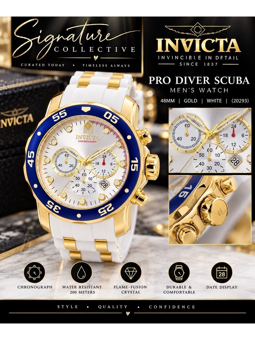 NEW Invicta Pro Diver SCUBA Men's Watch 48mm white Gold Blue Quartz 100m